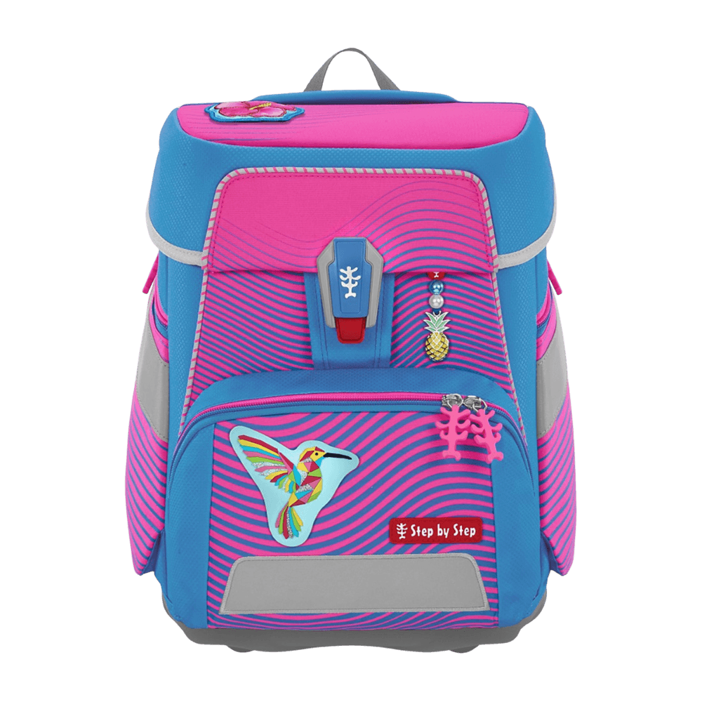 Step by Step SPACE Schulranzen Kolibri Kaja in Pink und Blau gestreift mit Kolibri-Magnetmotiv